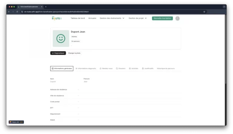 Vue détaillée de la fiche d’un bénéficiaire sur la plateforme En Route dans le cadre du programme O2R.