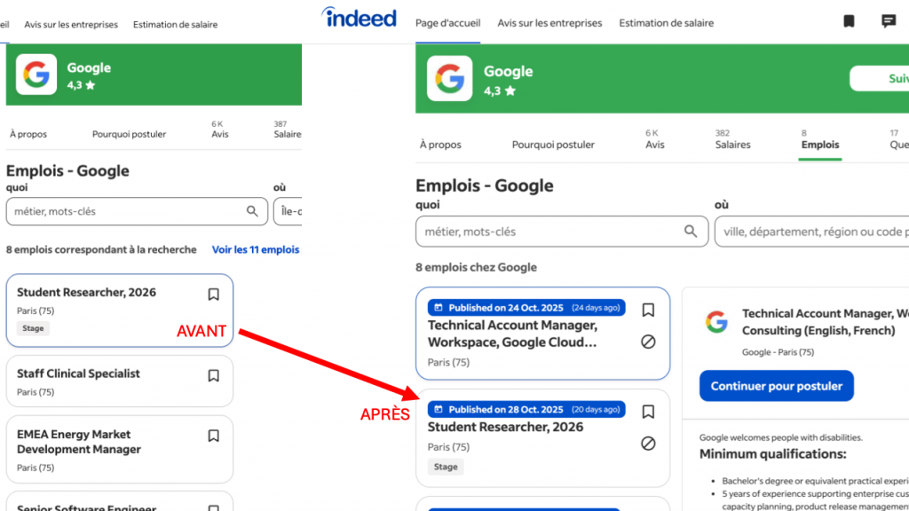 Indeed Date Reveal Web Extension Before After results - reveal job posting dates in Indeed - Magical Potion Consulting
